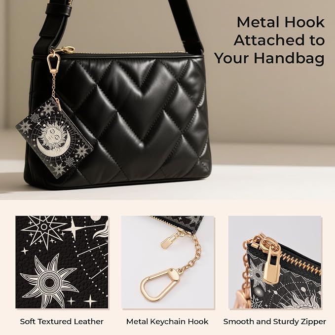 Sun Moon Keychain Coin Purse for Women, Small PU Leather Change Pouch, Zipper Little Tiny Travel Wallet for Girls, Cute Kawaii Zip Pocket Coin Holder with Key Ring
