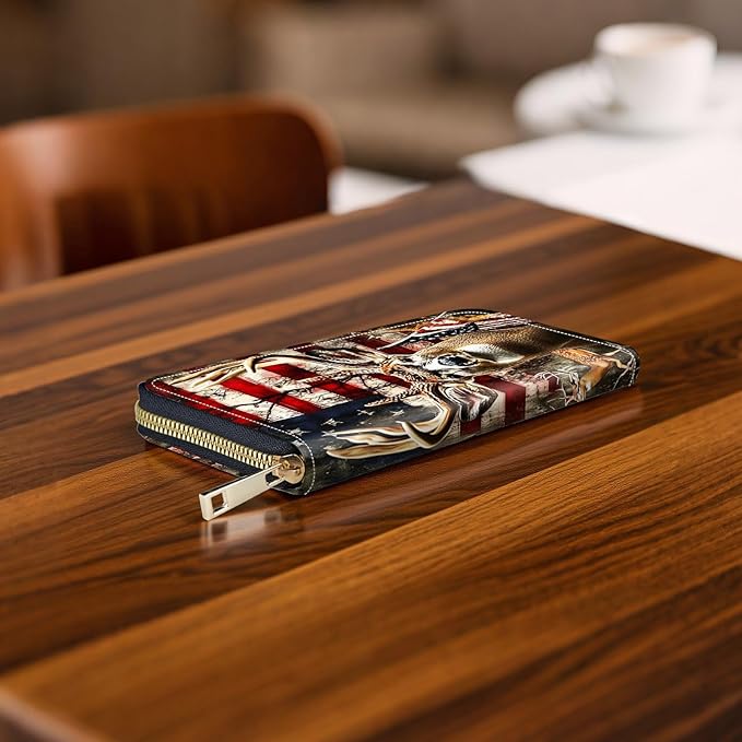 RFID-Blocking Zip Around Wallets for Women with Detachable Wrist Strap,Large Capacity Phone Holder with Card Organizer & Coin Pocket,Deer and American Flag