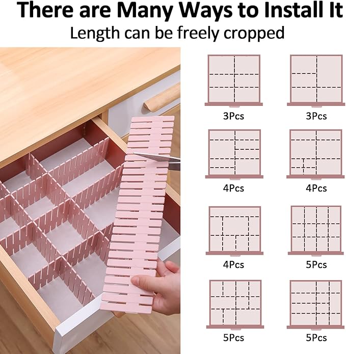 TWUTGAYW 14.5 in Pink DIY Grid Drawer Organizer for Socks, 8PC Adjustable Plastic Storage Drawers Divider, Drawer Organizer Grid Dividers, Pink Drawer Partitions for Tie, Bras, Underwear, Makeup
