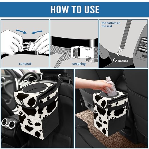 Black White Cow Print Car Trash Can with Lid Collapsible Reusable Waterproof Car Garage Bag,Automotive Garbage Can,Car Accessories Interior Car Organizer