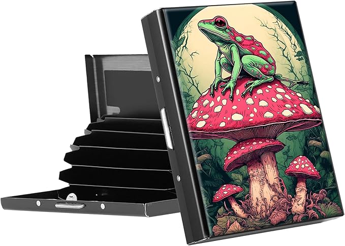 RFID Blocking Credit Card Holder - Slim Metal Wallet for Women & Men,Frog Sitting on Mushroom Design Stainless Steel Business Card Case,Compact Pocket Organizer for Travel & Daily Use