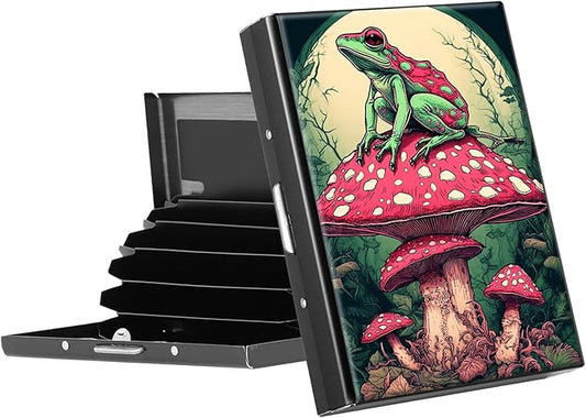 RFID Blocking Credit Card Holder - Slim Metal Wallet for Women & Men,Frog Sitting on Mushroom Design Stainless Steel Business Card Case,Compact Pocket Organizer for Travel & Daily Use