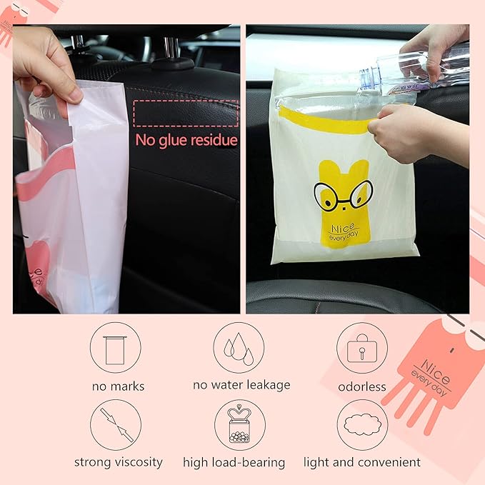 52pcs Car Trash Bags Easy Stick-On Disposable Portable Car Garbage Bags, Waterproof Leak Proof Barf Vomit Bags, Self Adhesive Cleaning Bags for Cars, Bedrooms, Bathrooms, Offices, Kitchens - Pattern A