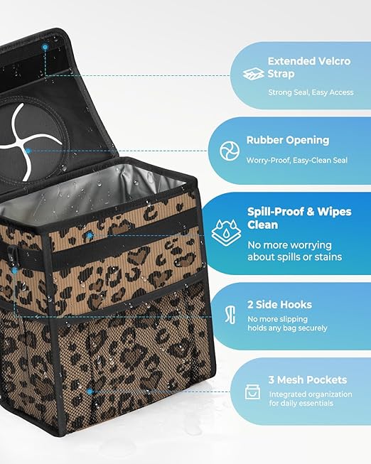 Corduroy Car Trash Can with Lid and Mesh Pockets - Leakproof Organizer,Multipurpose Waterproof Garbage Can/Trash Bin for Car(Leopard Print-3 Gallons)