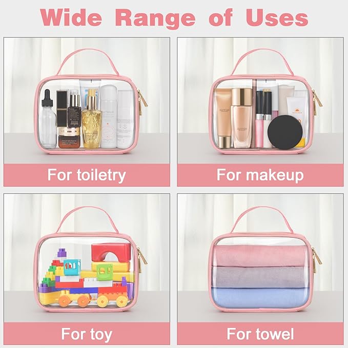 Wedama TSA Approved Toiletry Bag, 3 Pack Clear Makeup Bags with Handles, Quart Size Clear Toiletry Bags, PVC Cosmetic Bags for Women and Men, Carry on Airport Airline Comp (Pink, 3 Pack, Medium)