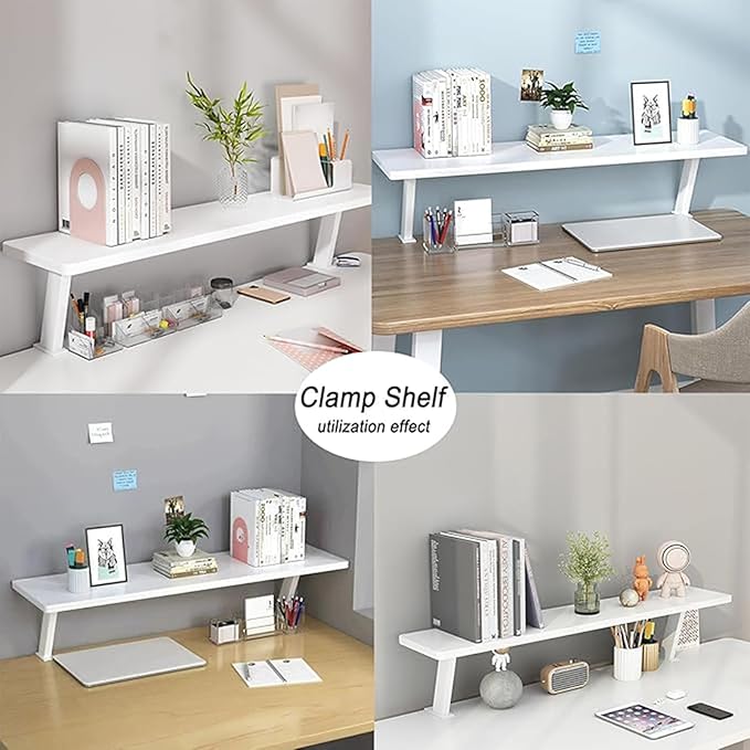 Clamp On Desk Organizer Shelf White, Above Desk Storage Extension Portable No Drill Required Bookcase Clamp Rack for Home Office Dorm Workstation and Study Space (White, 23.6x7.8 in)