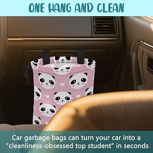 Car Garbage Bag Cute Panda and Heart Drawstring Car Trash Bag Hanging for Back Seat with Adjustable Buckle Canvas Vehicle Trash Can Easy-to-Install