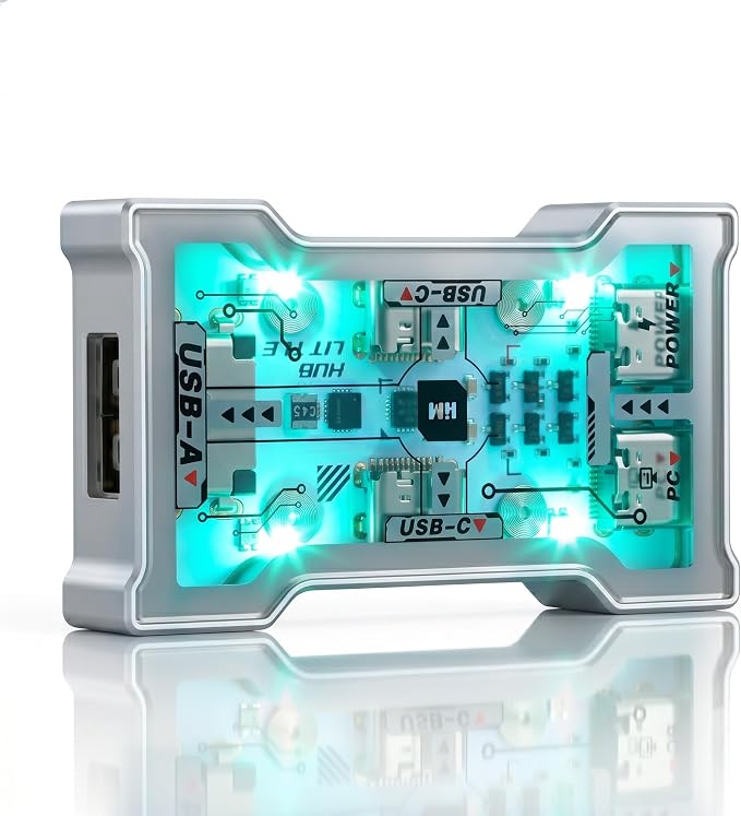 8K USB-C Gaming Dock with Clear Glass Window, Cartoon Print & LED Light | 2-In 3-Out Signal Booster USB C Hub Splitter, Independent Power Supply & CNC Aluminum Shell for Laptop Desk Setup