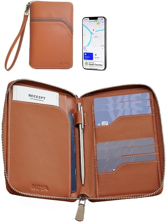 Nova RFID Blocking Passport Holder w/Hidden AirTag Trackable Card, Women Passport Wallet For Travel, Large Organzier For 2 Passports,Cash w/zipper & Wrist Lanyard