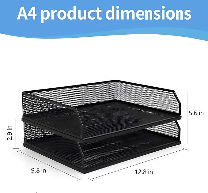 Paper Tray Desk Organizer, 2 Pack Stackable Letter File Tray, Wire Mesh Desktop Organizer, Front-Load Metal A4 Paper Sorter Documents Storage Holder Tray for Office Supplies Home School Classroom