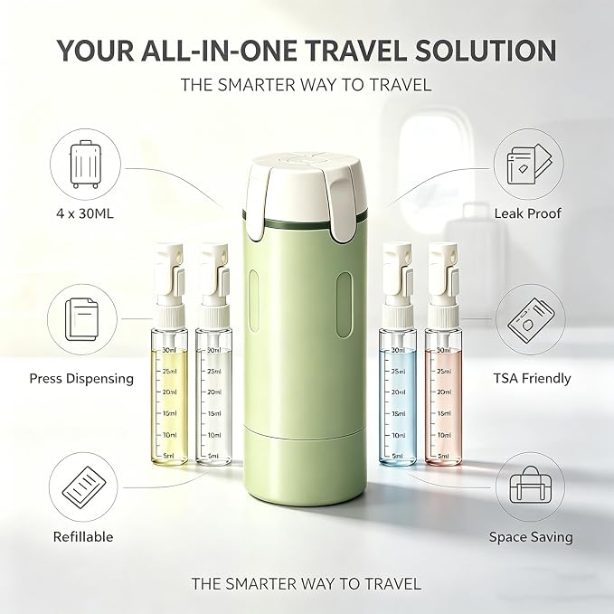 4 in 1 Travel Dispenser Bottle, 30ML Leak Proof Travel Size Toiletries Containers with Labels & Scale, Portable Refillable Travel Bottles for Shampoo Lotion Conditioner Cream, Carry Friendly(1 Green)
