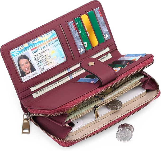 GAEKEAO Wallet for Women Clutch RFID Blocking Wristlet Leather Purse Large Capacity Credit Card Holder with Grip Hand Strap