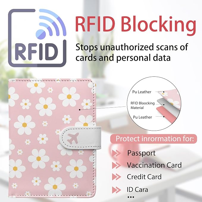 Passport Holder, Travel Wallet Cover with Pen Loop | Cute RFID Blocking Leather Case with Magnetic Closure for Travel Essentials-flower