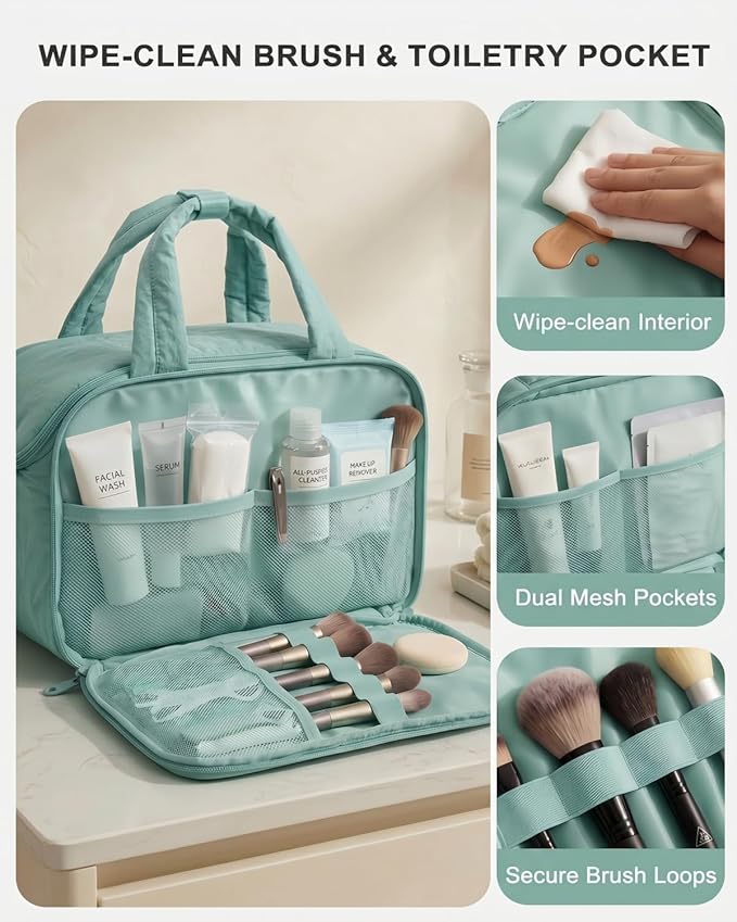 Lightweight Structured Travel Toiletry Bag for Women - Wide-Open Puffer Mini Duffel with Removable Divider, Waterproof Lining, Water-Resistant Exterior, Fits Full-Size Bottles & Shower Essentials