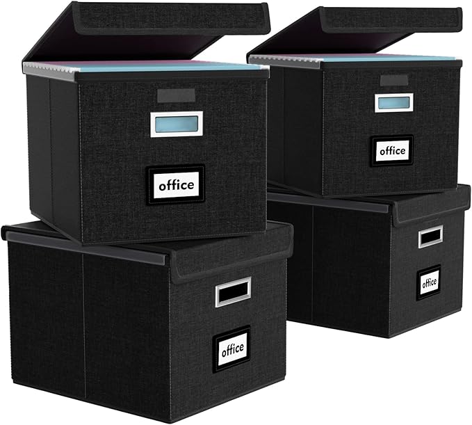 New Portable File Organizer Boxes Set of 4, Collapsible Linen Hanging Filing Storage Boxes with Plastic Slide, Decorative Home/Office Filing System for File and Folders Storage (Black)