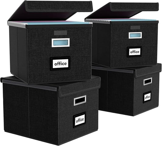 New Portable File Organizer Boxes Set of 4, Collapsible Linen Hanging Filing Storage Boxes with Plastic Slide, Decorative Home/Office Filing System for File and Folders Storage (Black)