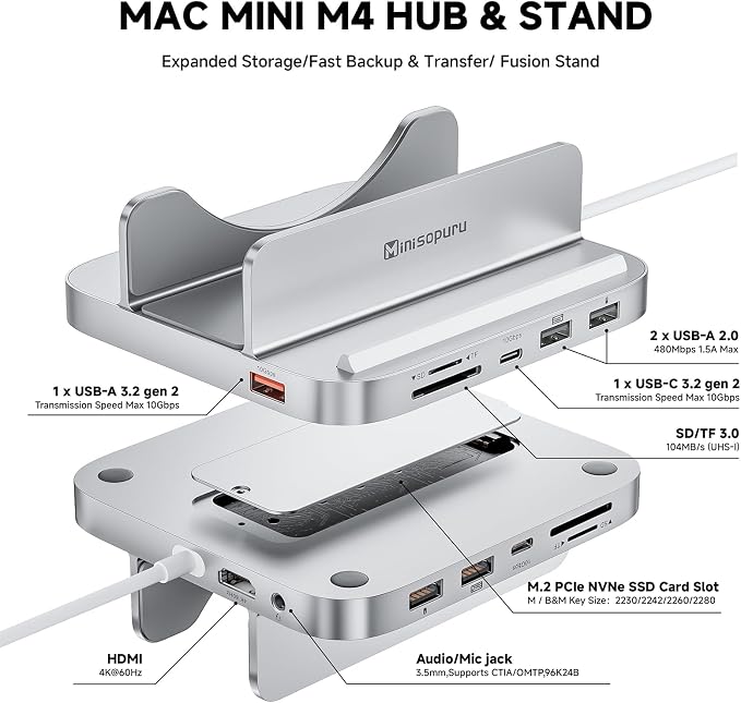 Minisopuru MINI218B MAX Mac mini M4 Dock with 4K@60 HDMI, 8TB M.2 NVMe SSD Enclosure,10Gbps USB C/A Mac mini M4 Hub, TF& SD, 2X USB A 2.0, Audio, Aluminum Vertical Stand for Mac mini M4/M4 Pro 2024
