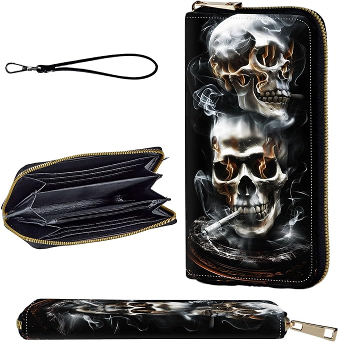 Wallet,Leather Long Wallet Suitable For Ladies And Teenagers - Detachable Wristband + RFID Travel Wallet With Card Slot - Smoking Skull
