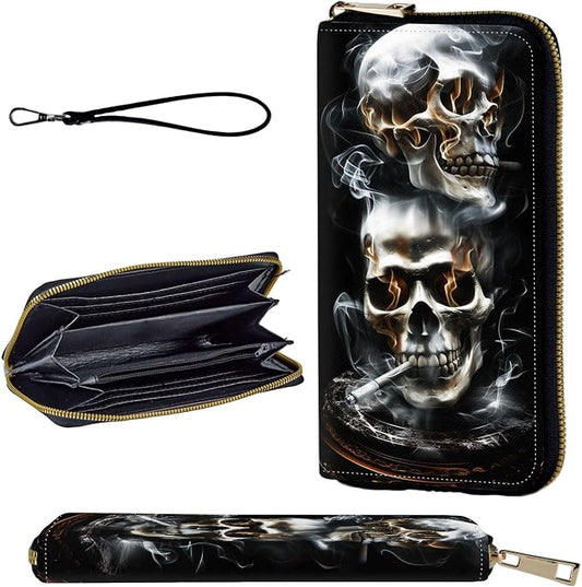 Wallet,Leather Long Wallet Suitable For Ladies And Teenagers - Detachable Wristband + RFID Travel Wallet With Card Slot - Smoking Skull