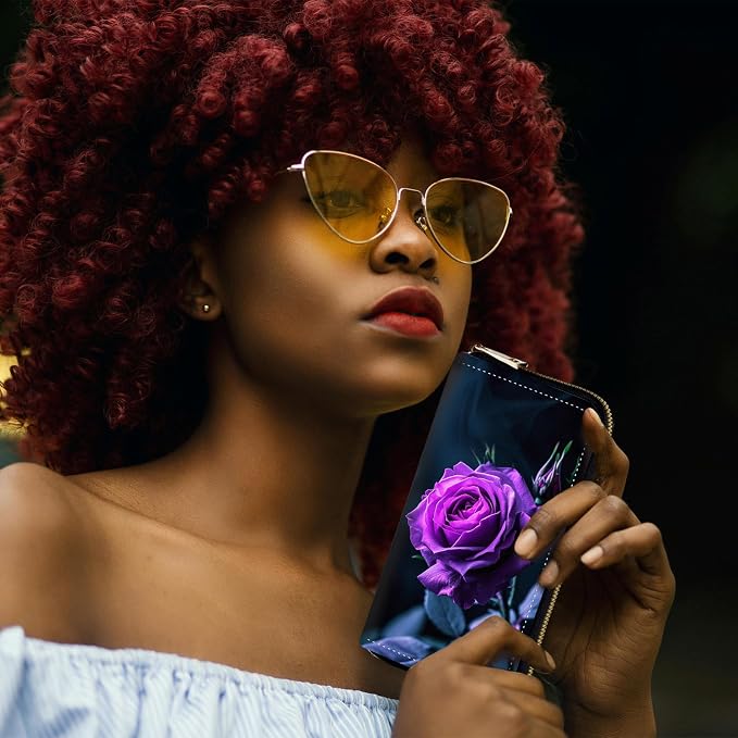 RFID-Blocking Zip Around Wallets for Women with Detachable Wrist Strap,Large Capacity Phone Holder with Card Organizer & Coin Pocket,Purple Flower Rose