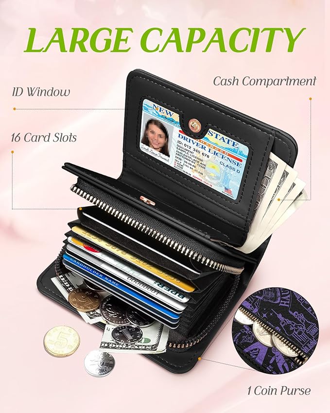 Bistup Credit Card Holder Wallet for Women Cute Leather Ladies Teen Girls Female Cardholder Wallets Accordion Purse Small Medium Aesthetic Print Merch Unique Modern Y2k Rfid Zipper Around