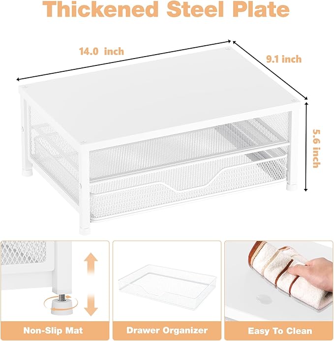 OPNICE Computer Monitor Stand Riser, Desk Organizer with Drawer, Printer & Laptop Stand, Office Desk Accessories & Workspace Desktop Organizers Storage for Office Supplies(White)