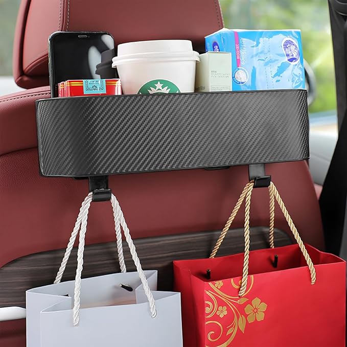 BELOMI 2PCS Car Headrest Backseat Organizer with Cup Holder, Seat Back Hanging Storage Box with Hooks, Multi-Functional Drink Pocket Food Snack Phone Tray for Kids, Car Travel Accessories（Black/2PCS）