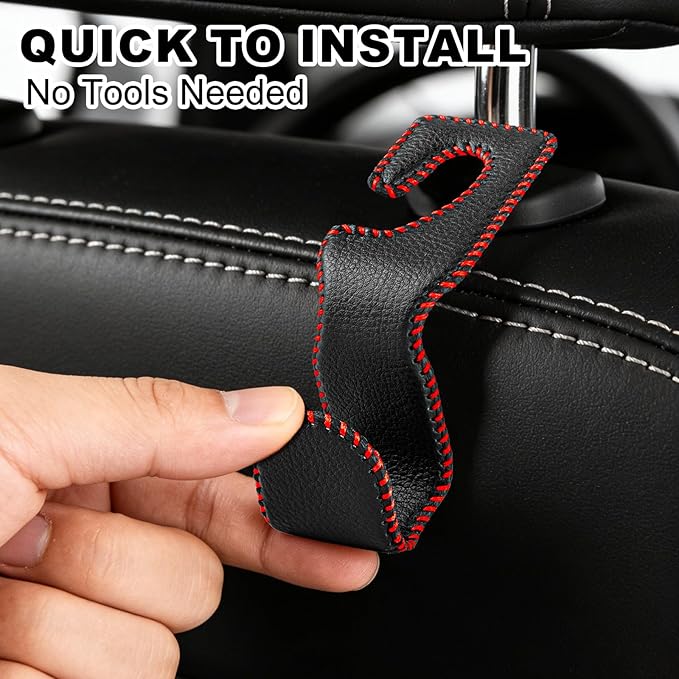 EldHus Car Seat Hooks for Purses and Bags, 4 Pack Car Purse Holder for Grocery Bag Handbag Clothes, Metal Headrest Hooks Covered by Leather, Black Red