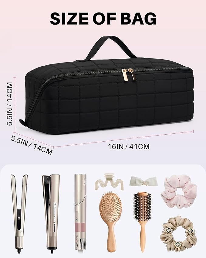 Hot Tools Travel Case with Heat Resistant Mat Pouch, Large Hair Tool Organizer Bag for Curling Iron Flat Iron Hair Dryer Hot Air Brush, Water Resistant Makeup Bag Gift for Women, Black