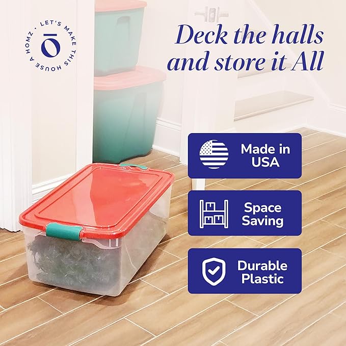 HOMZ 6-Pack Holiday Tote, Plastic Storage Organizer Bins with Lids, 64 Quart, Clear/Red - Stackable Organizing Containers for Home, Garage, and Office