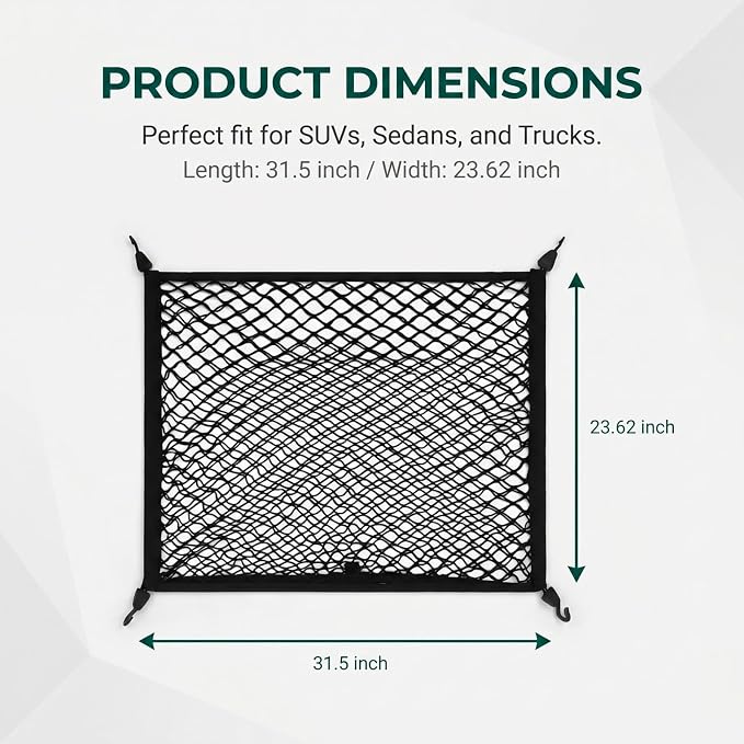 Car Trunk Cargo Net, 31.5" x 23.62" Highly Elastic Trunk Net Organizer with Hooks, Adjustable Mesh Cargo Storage Nets, Universal for SUVs, Cars and Trucks (Black)