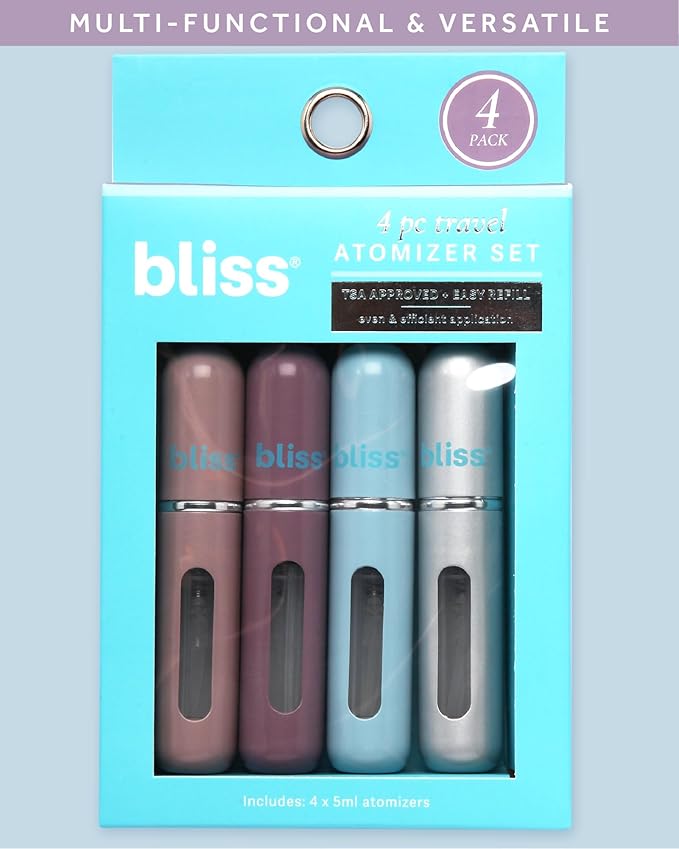 Bliss Atomizer Spray Bottle Set - 4 Pack TSA-Approved Leak Proof Refillable Small Travel Spray Bottle and Perfume Atomizer, Size One Size, Multicolor