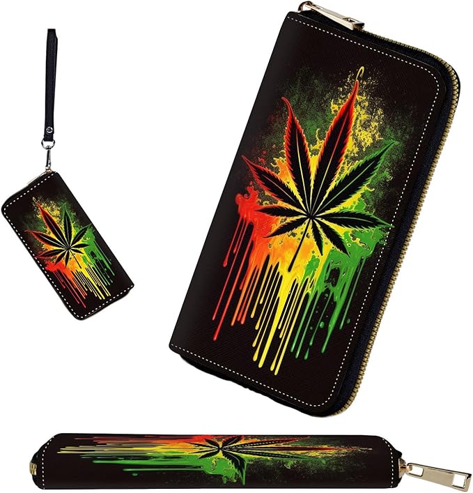 RFID-Blocking Zip Around Wallets for Women with Detachable Wrist Strap,Large Capacity Phone Holder with Card Organizer & Coin Pocket,Marijuana Leaf Weed