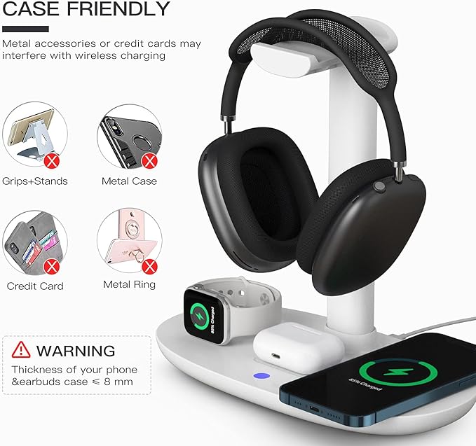 Headphone Stand with 15w Wireless Charger, Suguder 4 in 1 Charging Station Headset Holder for AirPods Max/Pro/4/3/2 iWatch 10/9/8/7/6/5/4/3/2/1/SE iPhone 17/16/15/14/13/12/11/X for Desktop Table Game