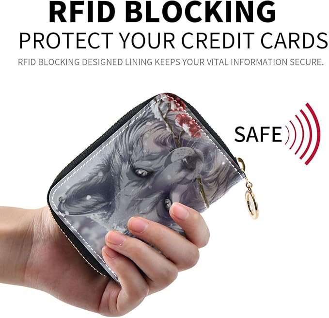 Wolf RFID Credit Card Holder Wallets Accordion for Women Leather Zipper Card Case Accordion Wallet for Ladies Girls