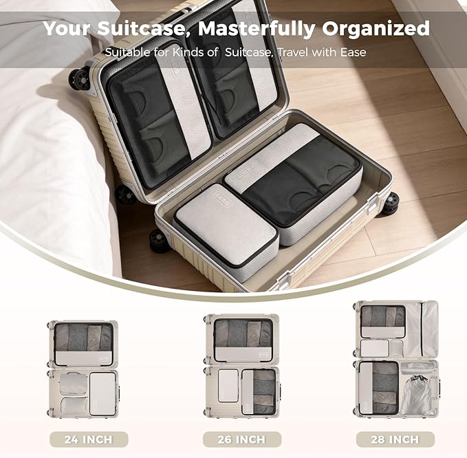 8-Piece Compression Packing Cubes for Travel, Ultralight Aesthetic Luggage Organizer Set, Space Saving Double Zipper Design for Carry-On & Suitcase Organizer, Travel Essentials- Beige
