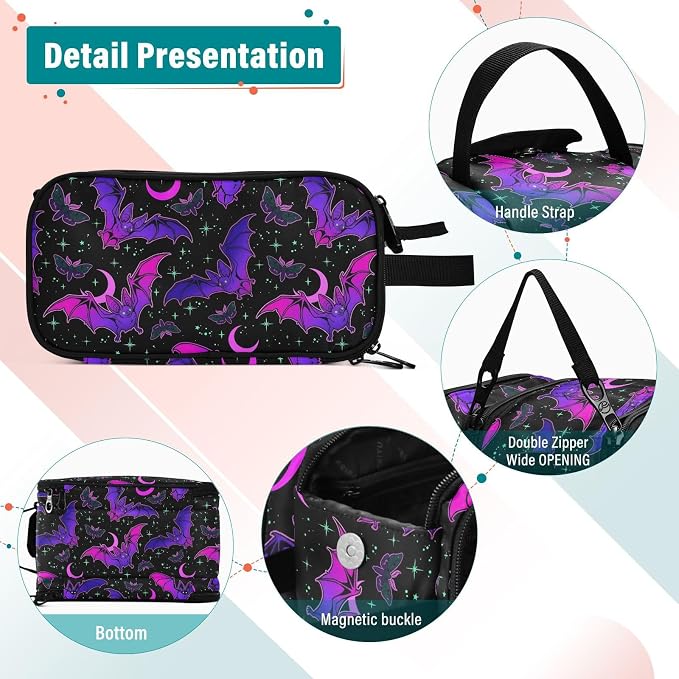 MNSRUU Travel Makeup Bag, Purple Bat Gothic Makeup Bag Large Capacity Cosmetic Bag Organizer, Portable Toiletry Bag for Travel Size