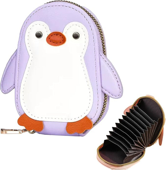 Cute Cartoon Penguin-shaped Coin Purse PU Leather Accordion Card Holder Large Capacity Zippered Money and Card Organizer Portable Mini Coin Purse (Purple)