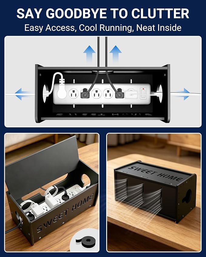 Large Cable Management Organizer Box, Imitation Wood Plastic Cord Organizer Management Boxs, Cord Hider Box for Power Strip Router & USB Hub & TV Wires, Suitable for Both Home and Office (Black)