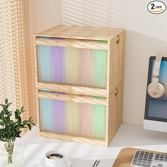 Bamboo Hanging File Boxes with Lids 2 Pack, File Organizer Box for Letter/Legal File, File Box with Hanging Folders Acrylic Light Easy Assembly File Storage Boxes for Office Home, Natural