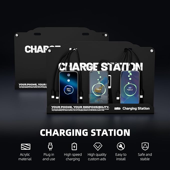Wall Mounted 8 Port Charging Station with Fast Charigng Cables – Multi Device Charging Dock for Office, Hotel & Public Spaces | Compatible with iPhone ipad Smartphone Tablets Android Port (Black)