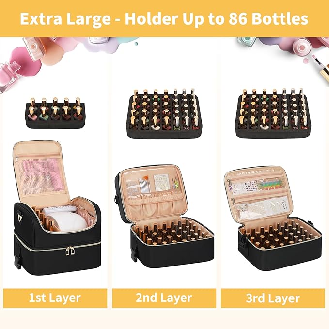CUBETASTIC Extra Large Nail Polish Organizer - Three Layer Nail Organizers And Storage Bag, Portable Nail Supplies Organizer Case, Travel Carrying Box for Nail Tech Kit/Tattoo/Cosmetic