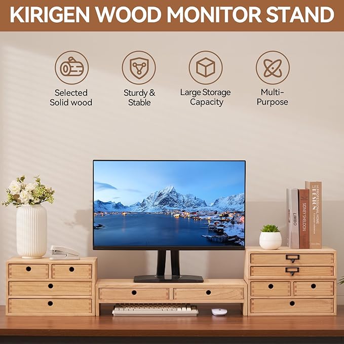 KIRIGEN Wood Monitor Stand with 2 Drawers, Solid Wood Computer Monitor Riser for Desk, Desktop Organizer Shelf with Cable Management, Pen Slots, Natural, No Assembly PMJ-NA