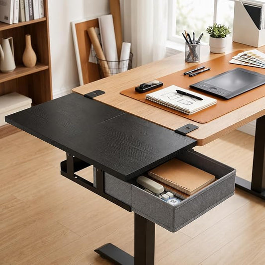 Desk Extender Tray with Drawer, 24 x 12 in, Clamp On Desk Shelf, Black | Extension Table Extender, Keyboard Tray Arm Rest, Front or Side Mount, 55 lbs, Home Office Gaming