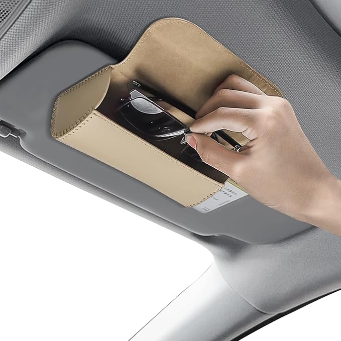 Sunglasses Holder for Car Sun Visor, Leather Auto Eyeglasses Storage Case with Hidden Magnetic Closure, Universal Protective Glasses Organizer Box, Visor Accessories for Woman Man (Beige)