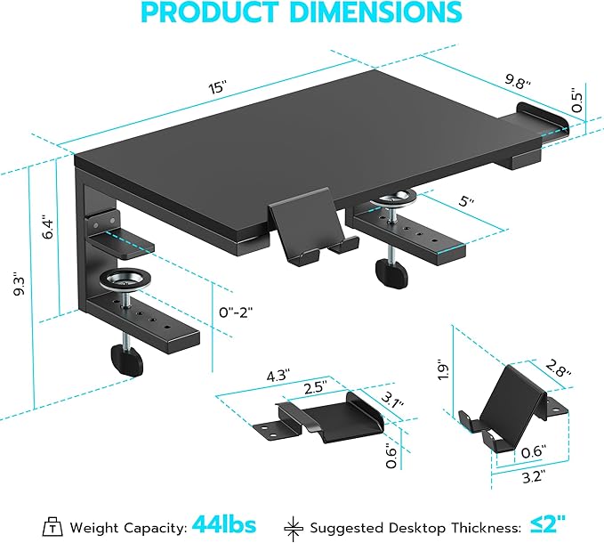 ARES WING Desk Shelf Extender, 15 inches 3 in 1 Clamp on Desk Shelf with Phone & Headset Holders, Heavy Duty Desktop Organizer for Gaming and Office Accessories, Black