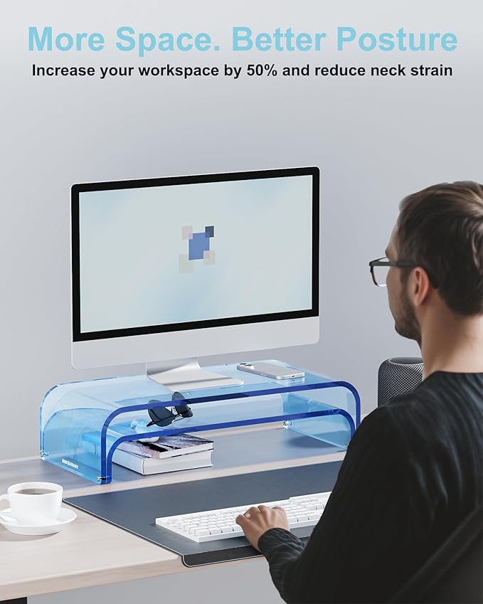 Acrylic Dual Monitor Stand Riser 2 Tier, Modular Laptop Stand for Desk, Multifunctional Desktop Organizer Shelf for PC, iMac, Printer, Detachable Monitor Stand for Office or Home, Blue