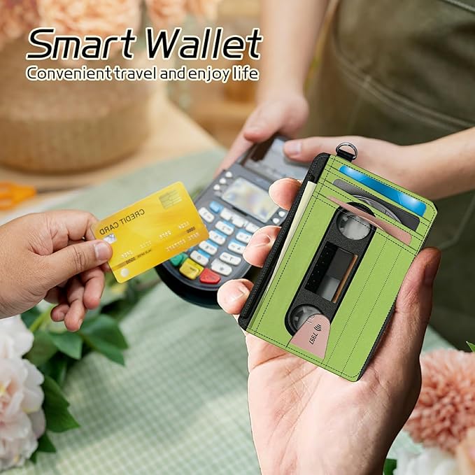 Small Travel Wallets, Green Tape Cassette Slim Minimalist Front Pocket Wallet with Wristlet, RFID Blocking PU Leather Credit Card Holder with ID Window Change Purse for Men Women