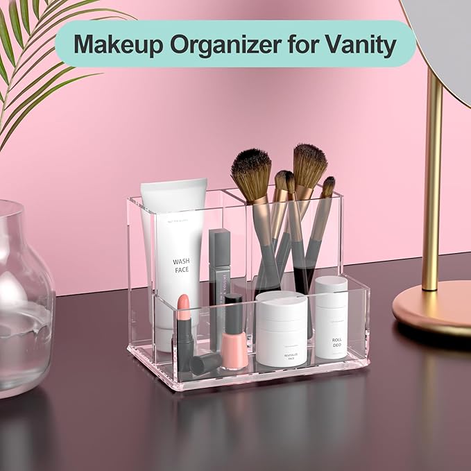Clear Pen Holder for Desk, Small Acrylic Pencil Holder, Compact Makeup Brush Holder Organizer for Vanity, Pen Pencil Organizer Cup, Office Desk Organizer and Accessories, 3 Compartment Design