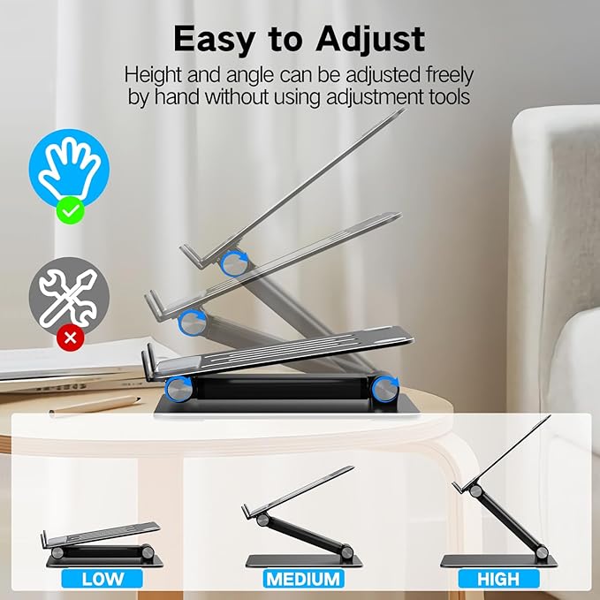 Adjustable Laptop Stand for Desk, Metal Foldable Laptop Riser, Portable Laptop Holder, Ventilated Cooling Computer Notebook Stand Compatible with 10-17.3” Laptops